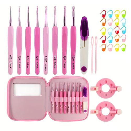 Maigridy Ergonomische Häkelnadeln mit Aufbewahrungsbox und Strickzubehör, 2,0 mm - 6 mm, Aluminiumnadel für Anfänger, Aluminiumhaken-Set, 9 Stück von Maigridy
