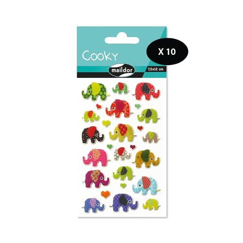 Maildor 560372Cpack – eine Packung mit 3D-Aufklebern Cooky, 1 Bogen 7,5 x 12 cm, Elefanten (26 Aufkleber) – 10 Stück von Maildor
