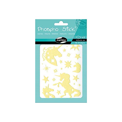 Maildor AE079O Packung Sticker Phospho' Stick (mit Glitter Effekt, 2 Bögen in Format DIN A6, 10,5 x 16 cm, ideal für Kinder ab 5 Jahren, Einhorn) 56 Stickers Einhörner von Maildor