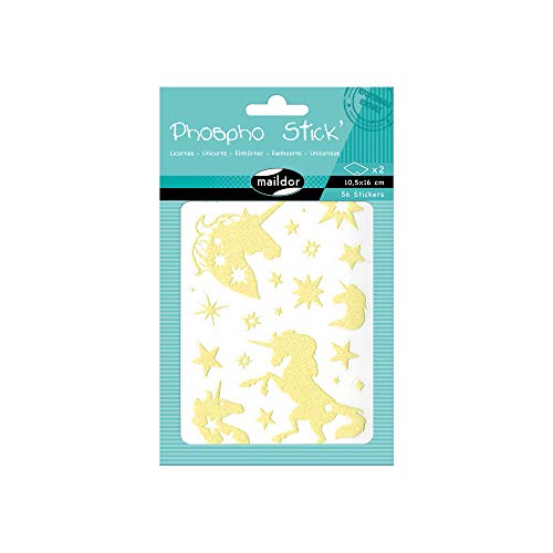 Maildor AE079O Packung Sticker Phospho' Stick (mit Glitter Effekt, 2 Bögen in Format DIN A6, 10,5 x 16 cm, ideal für Kinder ab 5 Jahren, Einhorn) 56 Stickers Einhörner von Avenue Mandarine