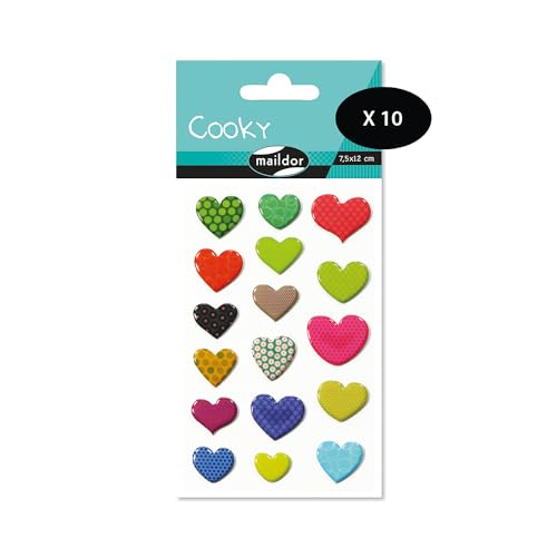 Maildor CY001Opack – eine Packung mit 3D-Aufklebern Cooky, 1 Bogen 7,5 x 12 cm, Motiv Herzen (17 Aufkleber), 10 Stück von Maildor