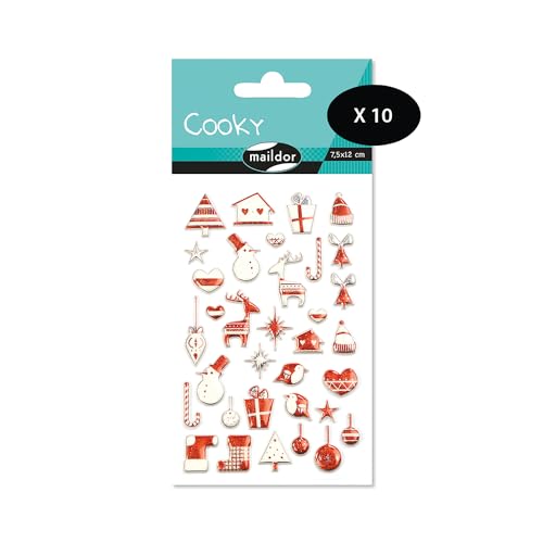 Maildor CY043Opack – eine Packung mit 3D-Aufklebern Cooky, 1 Bogen 7,5 x 12 cm, skandinavische Weihnachten, Rot (34 Aufkleber), 10 Stück von Maildor