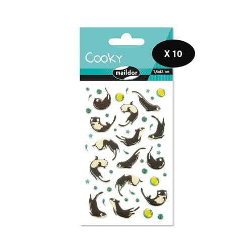 Maildor CY096Cpack - Packung mit 10 Bögen 3D Sticker Cooky - Aufkleber, 7,5x12cm, Fischotter - Otter, 470 Stickers, 1 Pack von Maildor