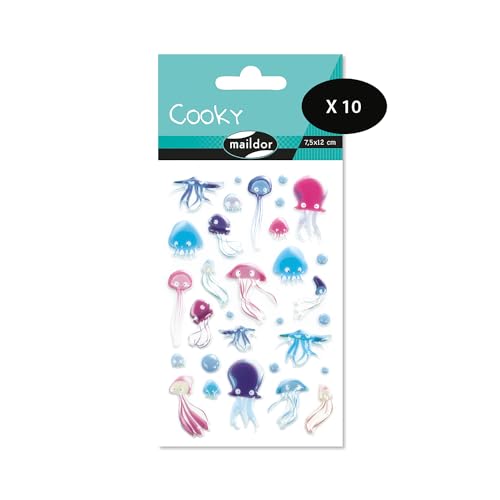 Maildor CY099Cpack - Packung mit 10 Bögen 3D Sticker Cooky - Aufkleber, 7,5x12cm, Qualle - Medusa - Nesseltier, 310 Stickers, 1 Pack von Maildor