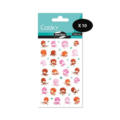 Maildor CY107Cpack - Packung mit 10 Bögen 3D Sticker Cooky - Aufkleber, 7,5x12cm, Oktopus - Meerestier - Meereslebewesen, 420 Stickers, 1 Pack von Maildor
