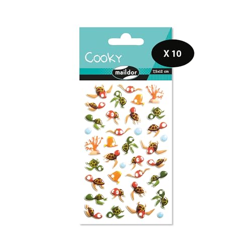 Maildor CY121Cpack - Packung mit 10 Bögen 3D Sticker Cooky - Aufkleber, 7,5x12cm, Meeresschildkröten - Schildkröte, 360 Stickers, 1 Pack von Maildor