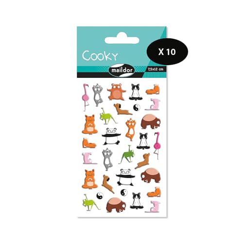 Maildor CY144Cpack – eine Packung mit 3D-Aufklebern Cooky, 1 Bogen 7,5 x 12 cm, Tiere Yoga (25 Aufkleber), 10 Stück von Maildor