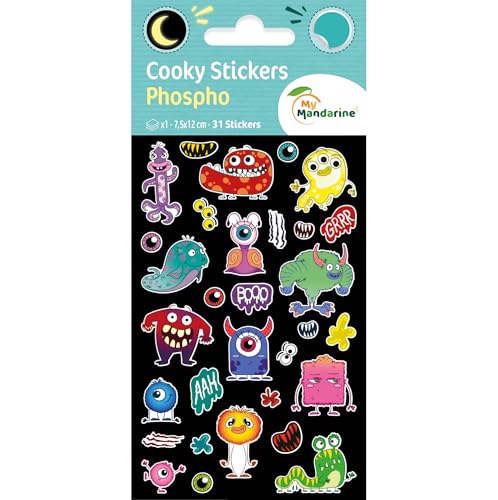 My Mandarine CY167Cpack - Packung mit 10 Bögen 3D Sticker Cooky Phospho - Aufkleber, 7,5x12cm, phosphoreszierend, Monster, 310 Stickers, 1 Pack von Maildor