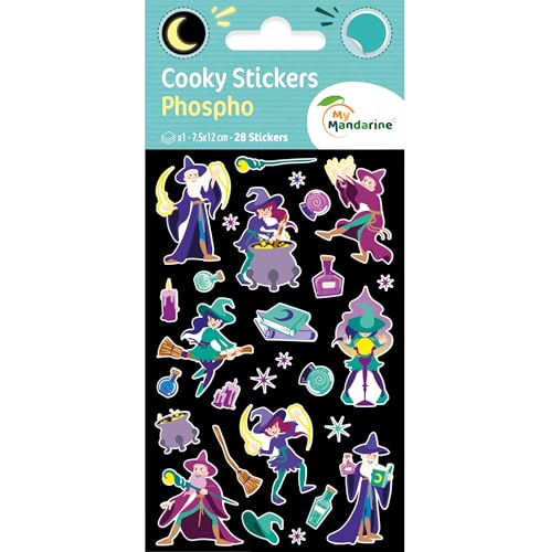 My Mandarine CY168Cpack - Packung mit 10 Bögen 3D Sticker Cooky Phospho - Aufkleber, 7,5x12cm, phosphoreszierend, Magie - Hexe - Zaubertrank, 280 Stickers, 1 Pack von Maildor