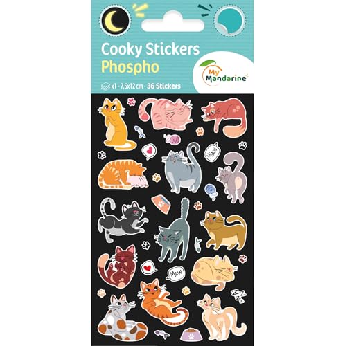 My Mandarine CY169Cpack - Packung mit 10 Bögen 3D Sticker Cooky Phospho - Aufkleber, 7,5x12cm, phosphoreszierend, Katzen, 360 Stickers, 1 Pack von Maildor