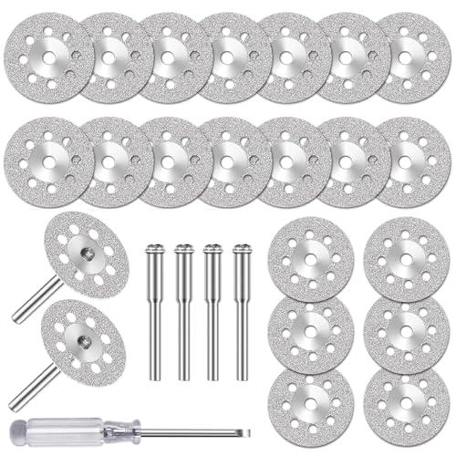 Mailfull 20 Stück Diamant Trennscheibe (22mm) für Rotationswerkzeug Zubehör Diamantscheibe mit 4 Stück 3mm Schaft Dorn und 1 Schraubendreher Für Trennscheibe Fliesen Stein Glas Holz von Mailfull