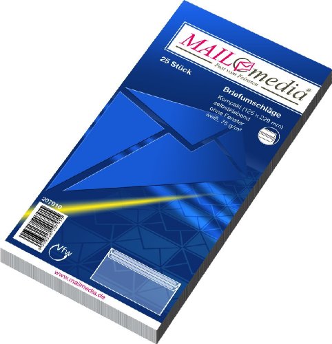 MAILMEDIA 30022376 Kompaktumschläge ohne Fenster (229x125 mm), selbstklebend, 75 g/qm, 25 Stück von Mailmedia