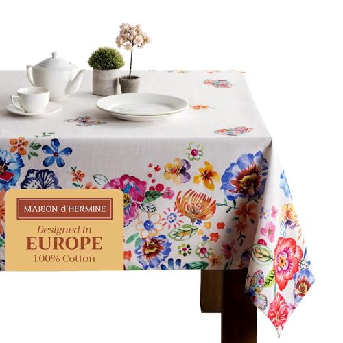 Maison d' Hermine Tischdecke, 100% Baumwolle, 160 cm x 220 cm, waschbare, quadratische Tischdecke, dekorative Ostertischdecke für Essen, Camping, fröhliche Blumen – Hochsommer – Frühling/Sommer von Maison d' Hermine