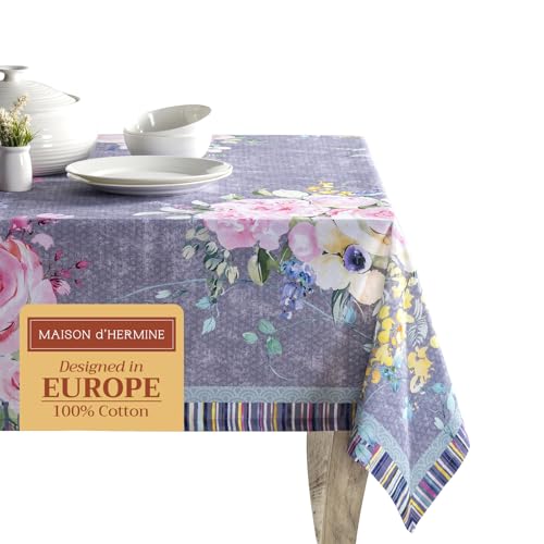 Maison d' Hermine Tischdecke, 100% Baumwolle, 160 x 220 cm, dekorative quadratische Ostertischdecke, waschbare Restaurant-Tischdecke, süßer Rosen-Lavendel – üppige Lavendel-Rosen – Frühling/Sommer von Maison d' Hermine