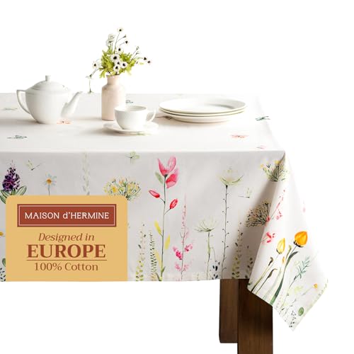 Maison d' Hermine Tischdecke, 100% Baumwolle, 160cm x 220cm dekorative Tischdecke, waschbar, quadratisch, Ostertischdecken für Essen, Buffetpartys und Hochzeiten, Botanical Fresh – Frühling/Sommer von Maison d' Hermine