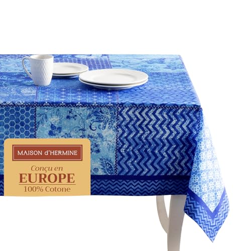 Maison d' Hermine Tischdecke, 100% Baumwolle, 160cm x 220cm dekorative Tischdecke, waschbar, quadratisch, Ostertischdecken für Essen, Buffetpartys und Hochzeiten, Indigo Love – Frühling/Sommer von Maison d' Hermine