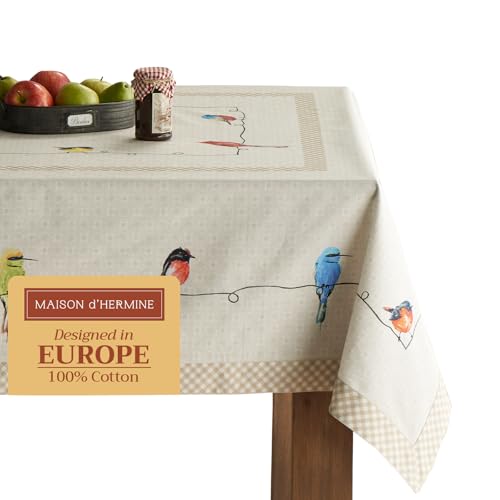 Maison d' Hermine Tischdecken, 100% Baumwolle, 140cm x 180cm dekorative, waschbare, quadratische Tischdecke, Oster-Tischdecke für Essen, Küche, Partys und Camping, Birdies On Wire – Frühling/Sommer von Maison d' Hermine