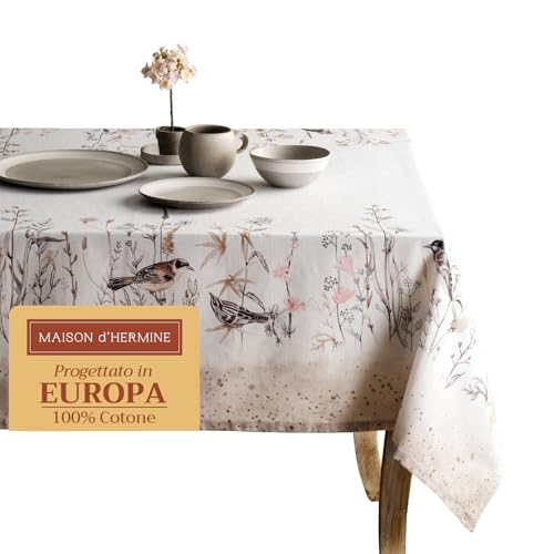 Maison d' Hermine Tischdecken 100% Baumwolle 140 cm x 180 cm Dekorative waschbare quadratische Tischdecke Ostertischdecke für Essen, Küche, Party und Camping Wiesenblumen – Braun – Frühling/Sommer von Maison d' Hermine