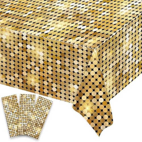 3-teiliges Disco-Party-Tischtuch, weiße und goldene Tischdecken mit Punkten, Disco-Thema, rechteckiges Einweg-Tischtuch aus Kunststoff für 70er-, 80er- und 90er-Jahre-Disco-Las-Musik, Geburtstags-, Br von MaitianGuyou