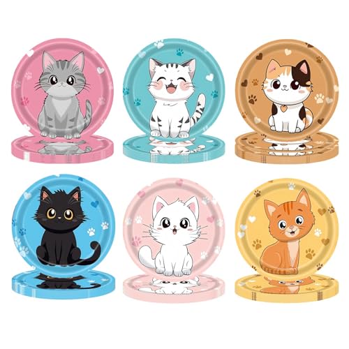 MaitianGuyou 60 Stück 17,8 cm Katzen-Themen-Partyteller, Katzen-Dessertteller, Geburtstagsdekorationen, Einweg-Papier, Kindergeburtstagsteller für Babyparty, Party, Gastgeschenke, Dekorationen, Party von MaitianGuyou