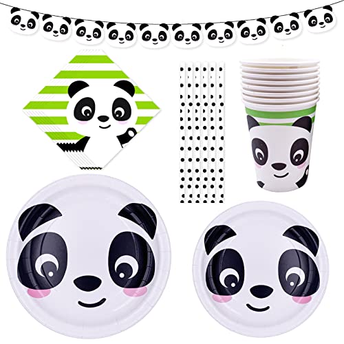 MaitianGuyou Panda-Partyzubehör, Panda-Einweg-Geschirr-Set für 16 Gäste, inklusive Teller, Tassen, Servietten, Strohhalme, Banner-Tischdecke für Kinder, Babyparty, Geburtstagsdekoration von MaitianGuyou