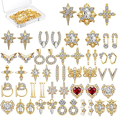 48 Stücke 3D Glänzenr Nagel Strass Luxus Nagelkunst Dekoration Diamanten Metall Schmuck Schönheit Design Charm Gold Herz Edelsteine Kristalle, 24 Stile von Maitys