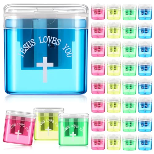 Maitys 36 Stück Jesus Loves You Bleistiftspitzer, Großpackung, manuelles Doppelloch mit Deckel, Bleistiftspitzer für Kinder, Schule, Klassenzimmer, religiöse Veranstaltungen, christliche Geschenke von Maitys