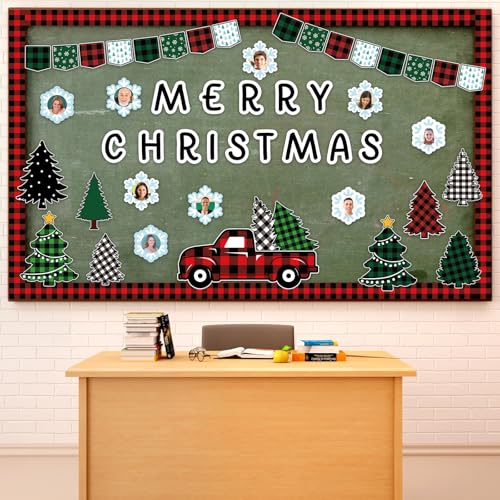 Maitys 72 Stück Merry Christmas Tree Red Truck mit Schneeflocke Fotorahmen Ausschnitte Xmas Winter Urlaub Pinnwand Dekorationsset mit Klebepunkt Pinnwand Bordüre für Urlaub, Klassenzimmer, Schule von Maitys