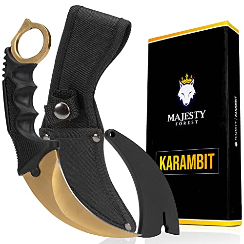 Majesty Forest® Karambit Messer (Gold) - Sehr scharfe Klinge - CSGO Trainer mit Holster und Klingenschutz von Majesty Forest