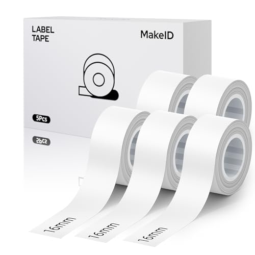 MakeID L1 Q1 E1 Etikettenband, 5 Packungen 16 mm x 4 m Nachfüllungen Wasserdicht Laminiert Personalisierte Aufkleber Für Büro Zuhause Thermische Aufkleber Ersatz von Makeid