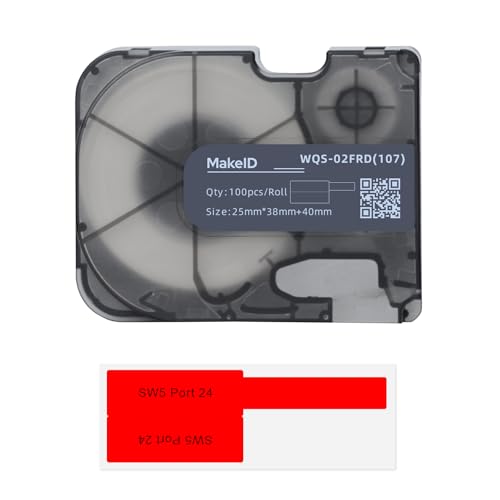 MakeID P-Flag Matte Polypropylen-Etiketten mit Band für P31 & P31S Etikettenhersteller, Draht und Kabel, DatoCom-Etikettierung, Schwarz auf Rot, 100 Stück/Rolle von Makeid