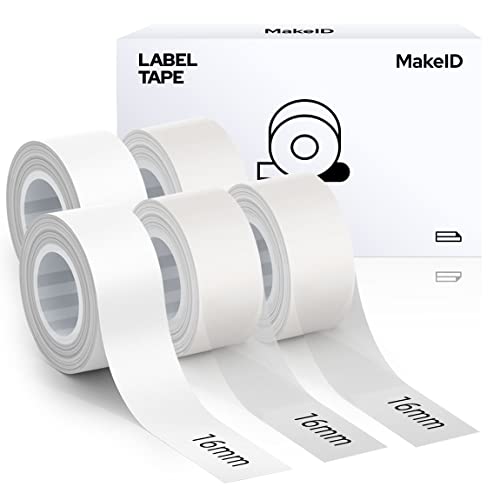 MakeID Etikettenband Kompatibel für L1/ Q1/ E1 (16mm x 4m) Selbstklebendes Kunststoff als Schriftbänder 3 x Transparent+ 2 x Weiß von Makeid