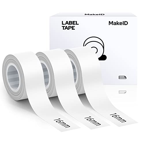 MakeID Etikettenband Kompatibel für L1/ Q1/ E1 (16mm x 4m) Selbstklebendes Kunststoff als Schriftbänder 3 x Weiß von Makeid
