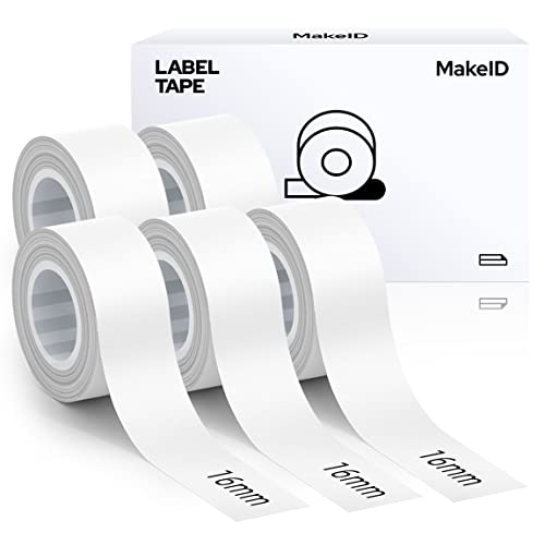 MakeID Etikettenband Kompatibel für L1/ Q1/ E1 (16mm x 4m) Selbstklebendes Kunststoff als Schriftbänder 5 x Weiß von Makeid