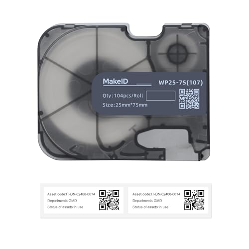 MakeID Vordimensionierte matte Polypropylen-Etiketten mit Band für P31 & P31S Etikettenhersteller, Innen- und Außenausweise und Gerätebeschriftung – 104 Stück/Rolle von Makeid