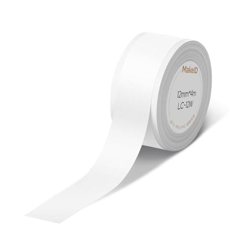 Makeid L1-C Nachfüllband für Etikettiergerät, 12 mm x 4 m, kontinuierliches laminiertes Thermoetikett, wasserdicht, selbstklebend, kompatibel mit Druckern von Makeid