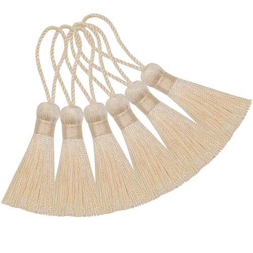 Makhry 20pcs 4,3 Zoll Handgemachte Seidige Mini Handwerk Quaste mit 2-Zoll-Kabel Schleife und Kleinen Chinesischen Knoten für Ohrringe,Lesezeichen,DIY Handwerk Zubehör (Beige) von Makhry