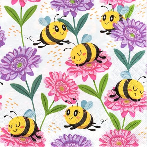 20 Servietten mit fröhlichen Bienen auf Blumen, Bienen-Papierserviette, Frühlingsservietten, Tiere, Gartenparty, Sommer, Tischdekoration, Decoupage, 33x33 cm 20 Servietten mit fröhlichen Bienen auf Blumen, Bienen-Papierserviette, Frühlingsservietten, Tiere, Gartenparty, Sommer, Tischdekoration, Decoupage, 33x33 cm von Maki