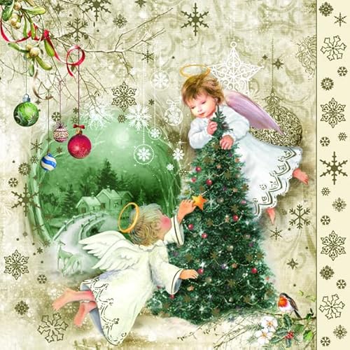 3-lagige Maki-Weihnachts-Decoupage-Servietten, dekorative Weihnachtsservietten, 33 x 33 cm, 20 Stück (zwei Engel und Weihnachtsbaum) von Maki