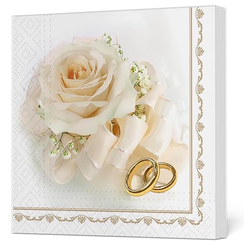 Maki 3-lagige Hochzeitsservietten, Serviettentechnik, Seidenpapier, 33 x 33 cm, 20 Stück (Eheringe und weiße Rose) von Maki