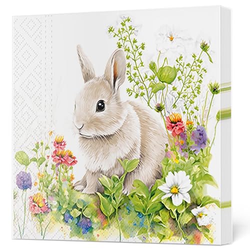 Maki 3-lagige Papierservietten aus Seidenpapier, dekorative Servietten für Serviettentechnik, 33 cm x 33 cm, 1/4 gefaltet (20 Stück) (Kleiner Hase auf der Wiese) von Maki