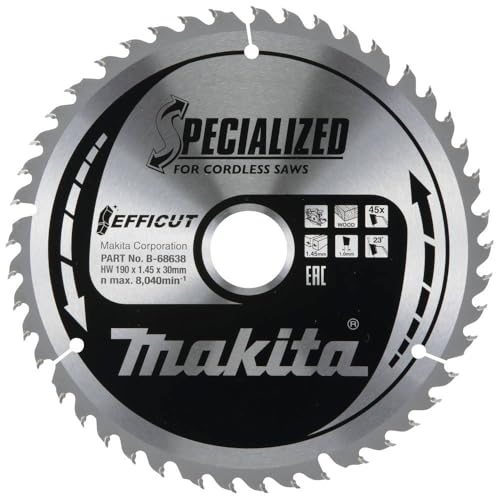 Makita B-68638 EFFICUT Metal Kreissägeblatt Ø 190 x 1,45 x 30 mm, 45 Zähne, 23° Zahnwinkel, für saubere und schnelle Schnitte in Holz, für Akku-Handkreissägen von Makita