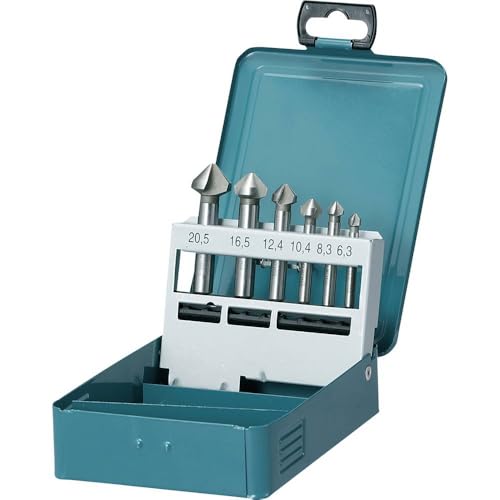 Makita D-42204 Kegelsenker-Set 6-teilig in Metallkassette, 90° Schneiden, Ø 6,3 - 20 mm, HSS-Stahl, für bspw. Metall, NE-Metall oder Holz, DIN335, Rundschaft von Makita