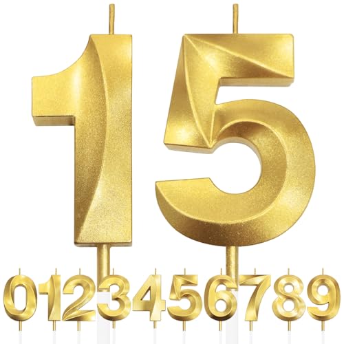 15th Geburtstagskerze, 3D Design Gold Glitter Nummer Kerzen, Cake Topper Dekorationen, Kuchen Kerze für Geburtstagsparty, Hochzeitstag, Baby-Dusche, Party-Dekoration 15th Geburtstagskerze, 3D Design Gold Glitter Nummer Kerzen, Cake Topper Dekorationen, Kuchen Kerze für Geburtstagsparty, Hochzeitstag, Baby-Dusche, Party-Dekoration von Makoto Nobu