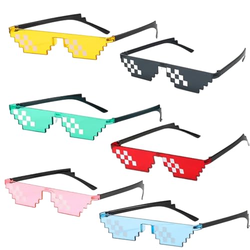 6 Stück Pixel Sonnenbrille, Pixel Mosaik Brille Unisex, Brille Thug Life Mehrfarbige PC, Lustige Brillen Spielzeug Mosaik Brillen Foto Requisiten für Partyurlaub Dekoration Brille(Sechs Farben) von Makoto Nobu