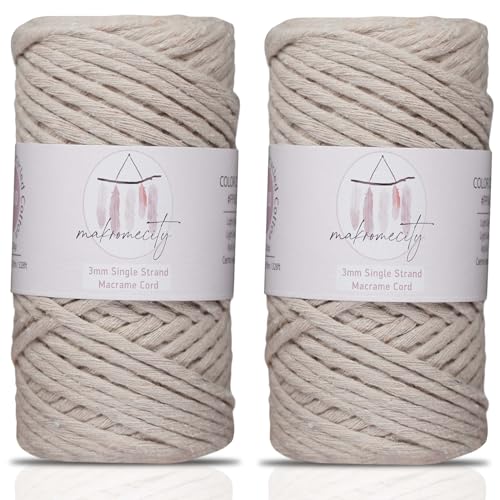 Makromecity, 2 Knäuel Makramee Schnur 3mm x 100 Yards Makramee Schnur 3mm Gedrehtes Makramee Garn, Makramee Schnur für Makramee Federn, Recyceltes Baumwollkordel Garn (Latte, 2 Knäuel) von Makromecity