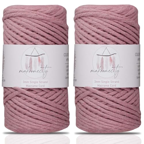 Makromecity, 2 Knäuel einsträngige Makramee-Schnur, 3 mm x 109 Yards (100 m) Makramee-Schnur, 3 mm gedrehtes Makramee-Garn, Makramee-Schnur für Makramee-Federn, recyceltes Baumwollkordelgarn (Dusty von Makromecity