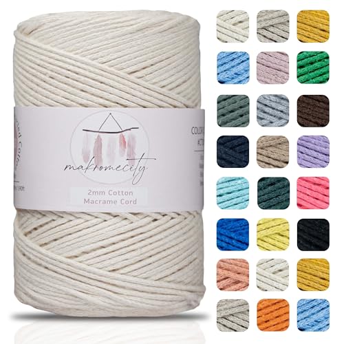 Makromecity, Baumwolle Makramee Garn 2mm x 180m Ecru Recycelte Baumwolle zum Häkeln Cotton Macrame Cord für Handwerk Wohndekorationen Platzteller Umhängetasche Häkeltaschen Runner von Makromecity