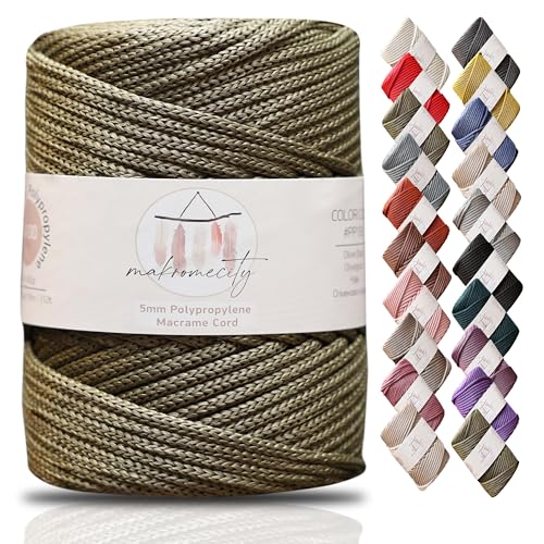 Makromecity Makramee Garn 5mm x 95m Premium Polyester Makramee Schnur Polypropylene Yarn Basteln für Wandbehänge Umhängetasche Handtasche Runner Schnullerkette Platzteller (Olivgrün) von Makromecity