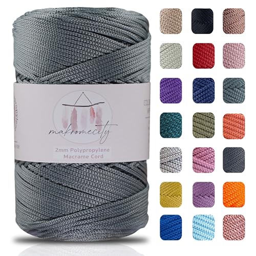 Makromecity, Makramee-Schnur aus Polyester (2 mmx228.6 m), 2 mm, Polypropylen, dunkelgrau, Makramee-Kordel zum Häkeln von Makramee-Tasche, Unterplatte, Teppich (Farben erhältlich) (dunkelgrau) von Makromecity